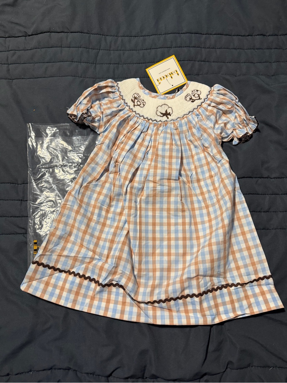 Smocked Cotton Plaid Kids Dress - Blue & Tan